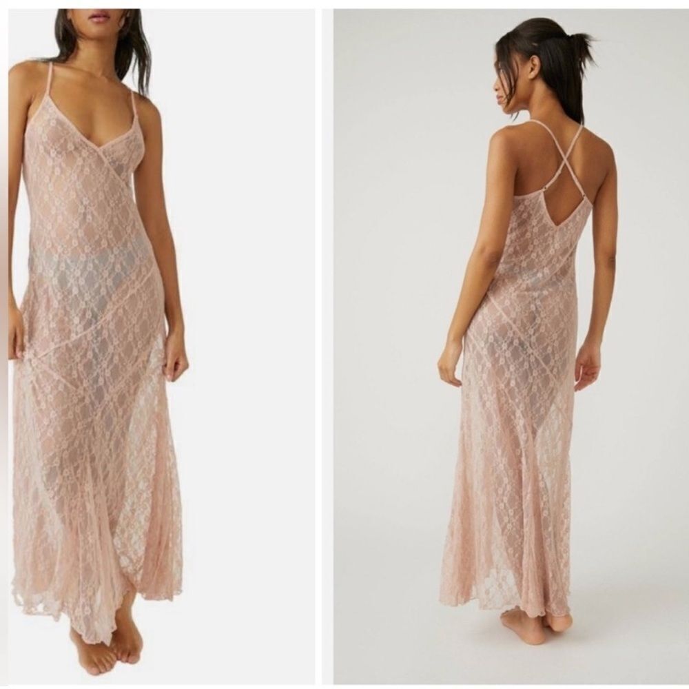 NWT  Free People Intimately Ivory Lace  Dress V Neck  Maxi Dress Size Large